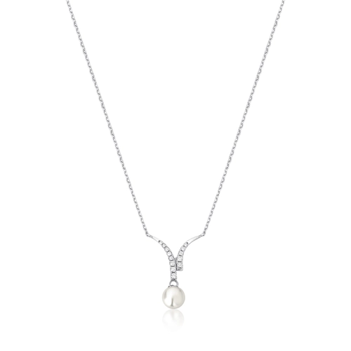 Gargantilha Way em ouro branco 18k linhas com Diamantes e pingente de Pérola