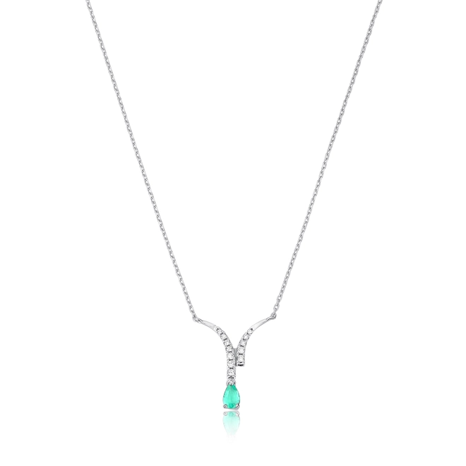 Gargantilha Way em ouro branco 18k linhas de Diamantes com gota de Esmeralda 1