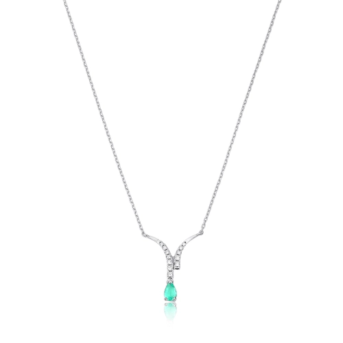 Gargantilha Way em ouro branco 18k linhas de Diamantes com gota de Esmeralda