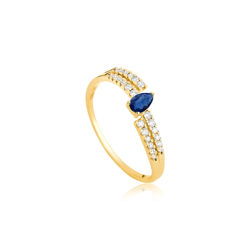 Anel Way em ouro 18k linhas delicadas com Diamantes e gota de Safira Azul