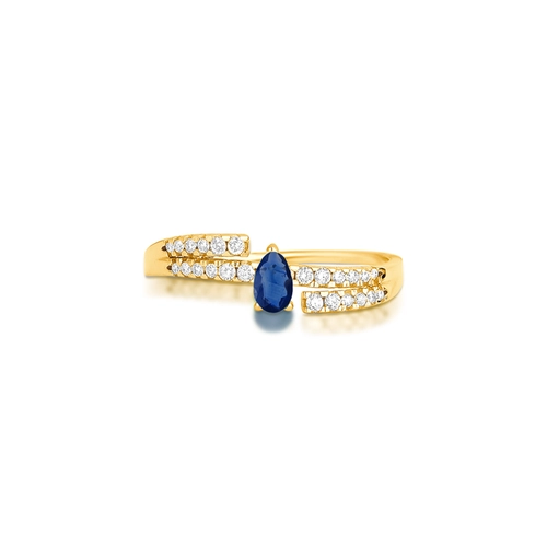Anel Way em ouro 18k linhas delicadas com Diamantes e gota de Safira Azul
