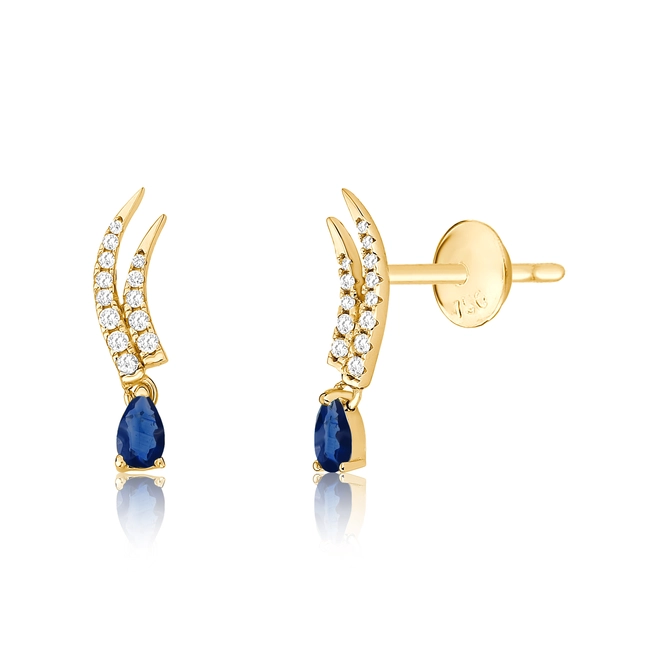 Brinco Way Ear Cuff em ouro 18k linhas de Diamantes com gota de Safira Azul 1