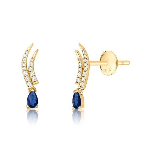 Brinco Way Ear Cuff em ouro 18k linhas de Diamantes com gota de Safira Azul