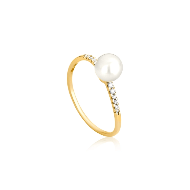 Anel Way de Pérola em ouro 18k aro linha delicada de Diamantes 1