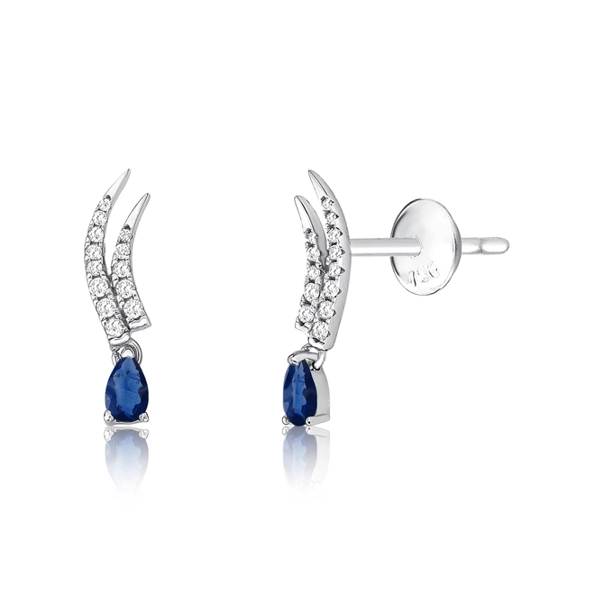 Brinco Way Ear Cuff ouro branco 18k linhas delicadas com Diamantes e gota de Safira Azul 1