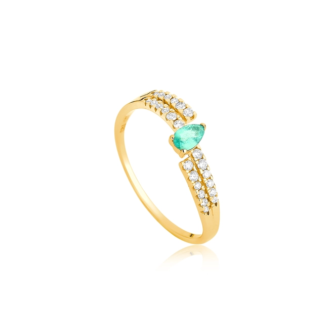 Anel Way em ouro 18k linhas delicadas com Diamantes e gota de Esmeralda 1