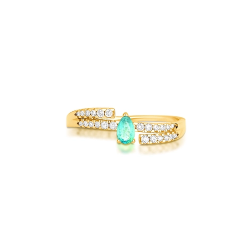 Anel Way em ouro 18k linhas delicadas com Diamantes e gota de Esmeralda