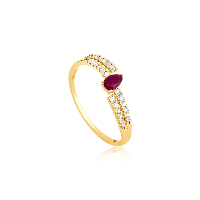 Anel Way em ouro 18k três aros com linhas delicadas de Diamantes e gota de Rubi 1