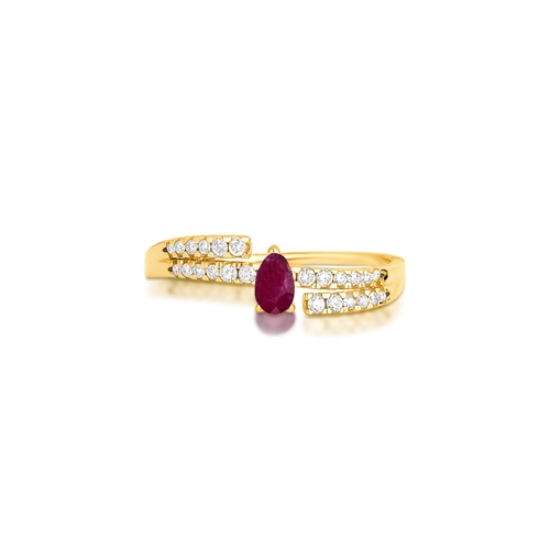 Anel Way em ouro 18k três aros com linhas delicadas de Diamantes e gota de Rubi