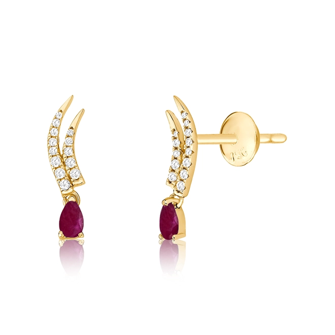 Brinco Way Ear Cuff em ouro 18k duas linhas de Diamantes com gota de Rubi 1