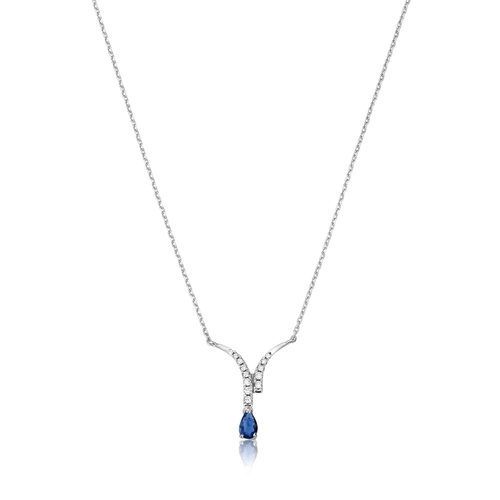 Gargantilha Way corrente em ouro branco 18k duas linhas de Diamantes com gota de Safira Azul