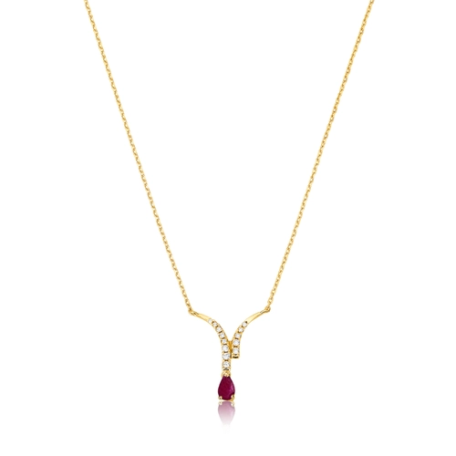 Gargantilha Way corrente ouro 18k duas linhas de Diamantes e gota de Rubi