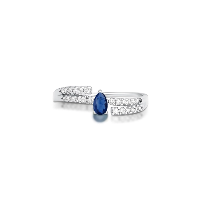 Anel Way em ouro branco 18k linhas delicadas de Diamantes com gota de Safira Azul 2