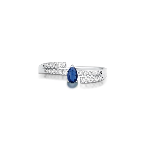 Anel Way em ouro branco 18k linhas delicadas de Diamantes com gota de Safira Azul