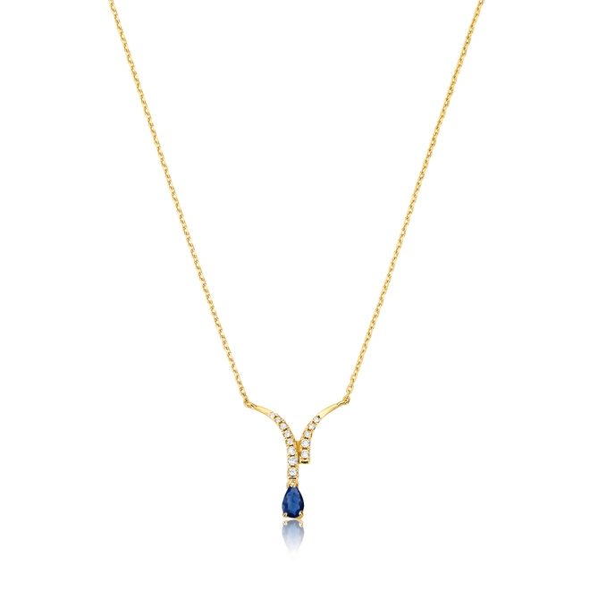 Gargantilha Way corrente em ouro 18k duas linhas de Diamantes com gota de Safira Azul 1