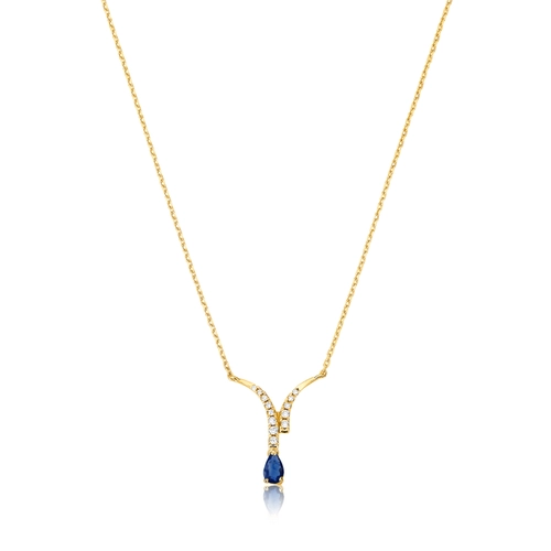 Gargantilha Way corrente em ouro 18k duas linhas de Diamantes com gota de Safira Azul