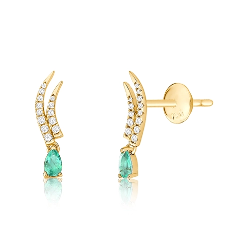 Brinco Way Ear Cuff em ouro 18k duas linhas com Diamantes e gota de Esmeralda