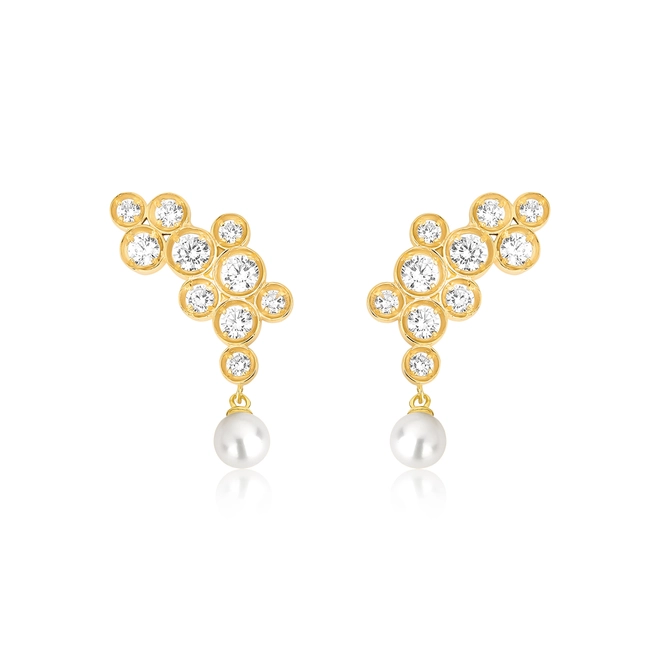 Brinco Bubble Ear Cuff em prata 925 banho dourado com bolhas de Zircônias e Pérola 1