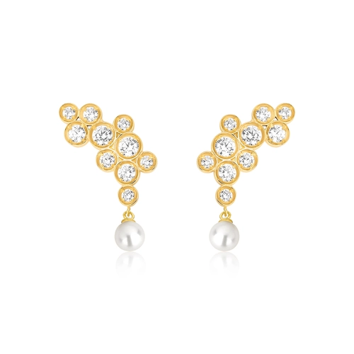 Brinco Bubble Ear Cuff em prata 925 banho dourado com bolhas de Zircônias e Pérola