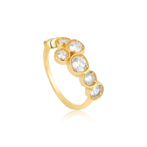 Anel Bubble assimétrico em prata 925 banho dourado módulos com 7 bolhas de Zircônias brancas