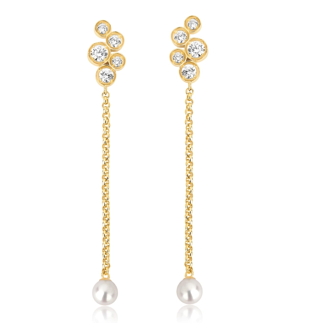 Brinco Bubble pingente corrente em prata 925 banho dourado com bolhas de Zircônias e Pérola 1