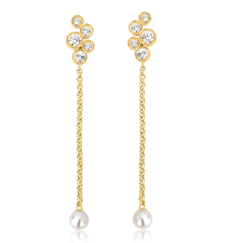 Brinco Bubble pingente corrente em prata 925 banho dourado com bolhas de Zircônias e Pérola