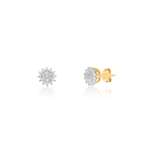 Brinco Stud redondo ouro 18k chuveiro de Zircônias brancas