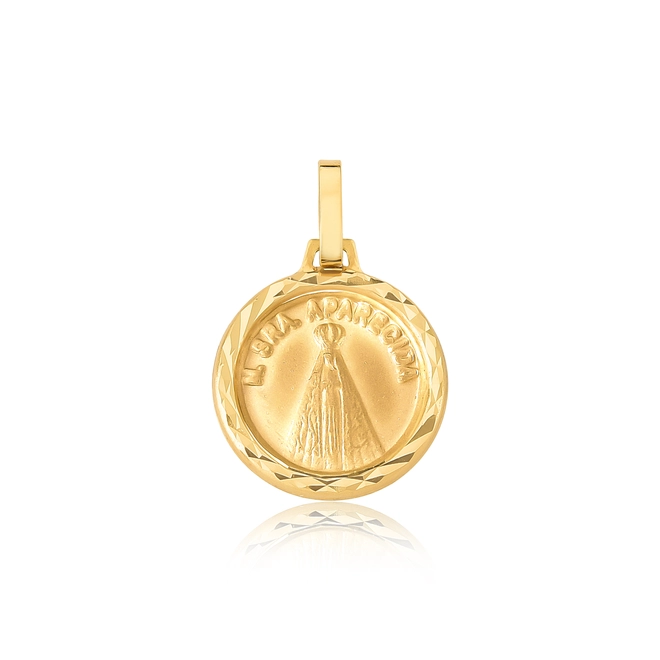 Pingente Religiosos medalha redonda ouro 18k ornato Nossa Senhora Aparecida diamantada 1