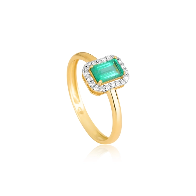 Anel halo retangular ouro 18k com Esmeralda e Diamantes 1
