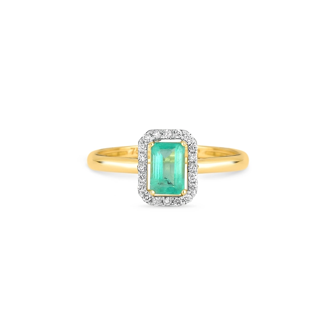 Anel halo retangular ouro 18k com Esmeralda e Diamantes 2