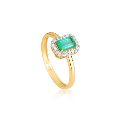 Anel halo retangular ouro 18k com Esmeralda e Diamantes