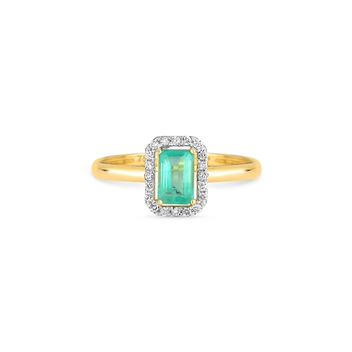 Anel halo retangular ouro 18k com Esmeralda e Diamantes
