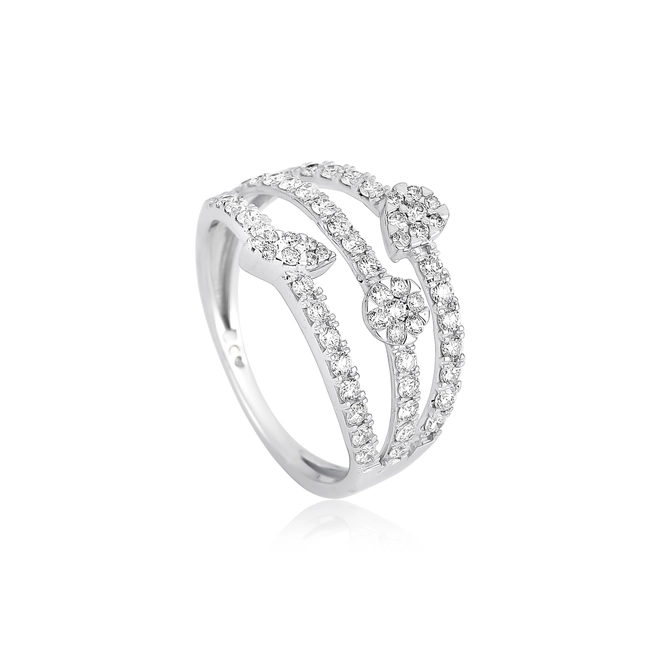 Anel Triplo flores em ouro branco 18k cravejado com 75pts de Diamantes 1