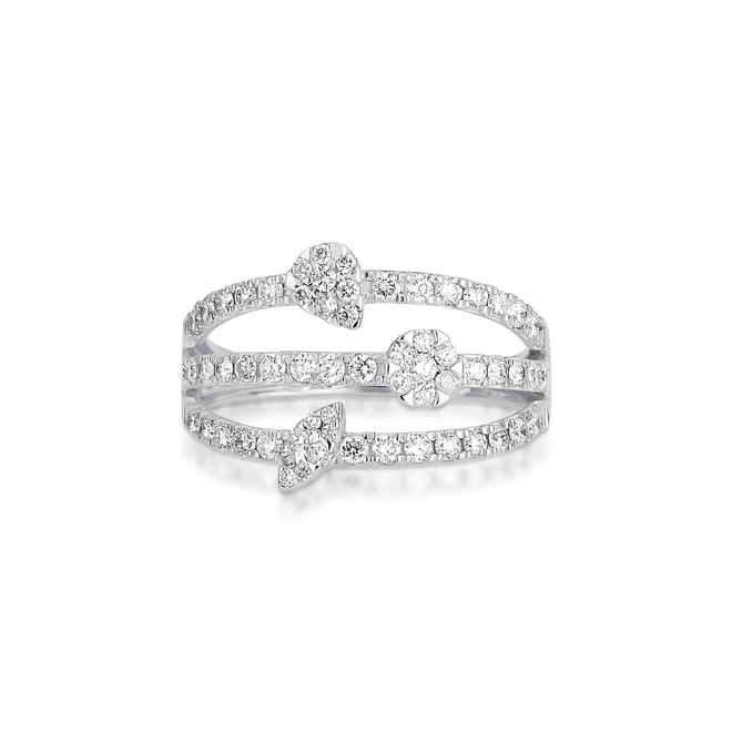 Anel Triplo flores em ouro branco 18k cravejado com 75pts de Diamantes 2