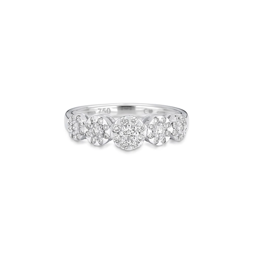 Anel aparador em ouro branco 18k cinco flores cravejadas com 30pts de Diamantes