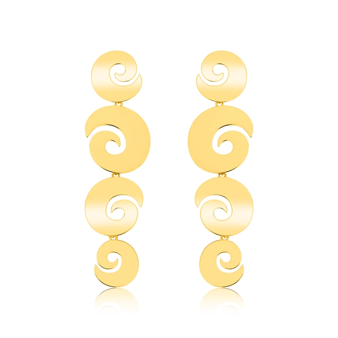 Brinco pingente geométrico em ouro 18k articulado com quatro espirais 1