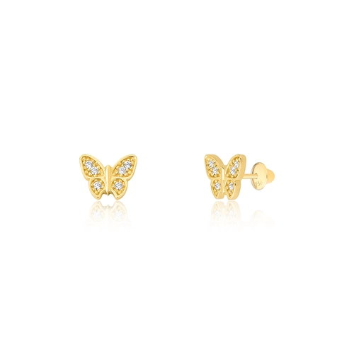 Brinco Infantil borboleta em ouro 18k bolinhas polidas e Zircônias