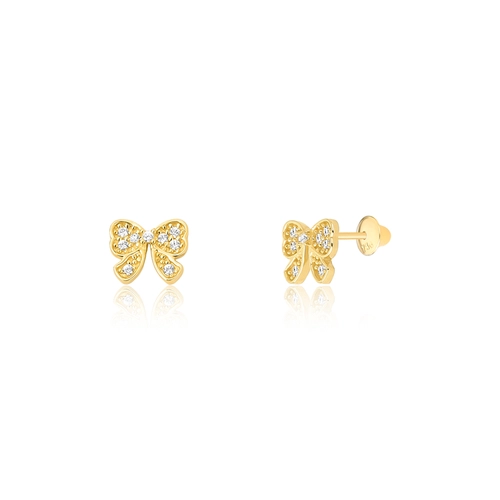 Brinco Infantil laço em ouro 18k com Zircônias brancas