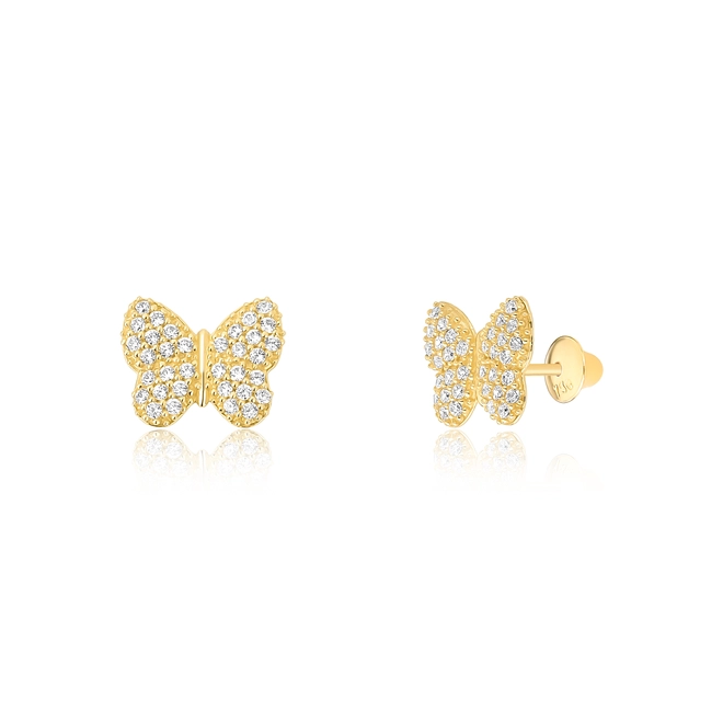 Brinco Infantil Borboleta em ouro 18k cravejado de Zircônias brancas 1