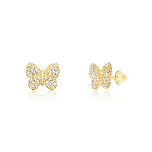 Brinco Infantil Borboleta em ouro 18k cravejado de Zircônias brancas