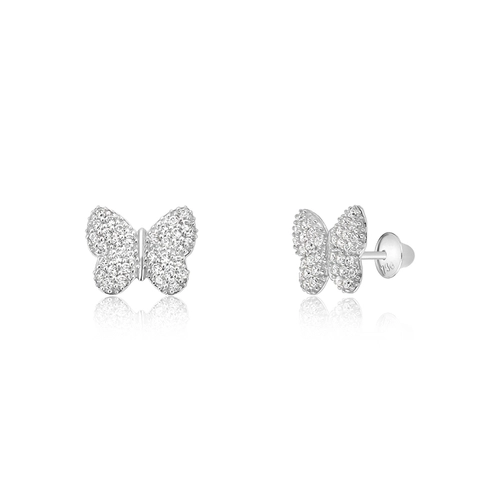 Brinco infantil Borboleta em ouro branco 18k cravejado de Zircônias brancas
