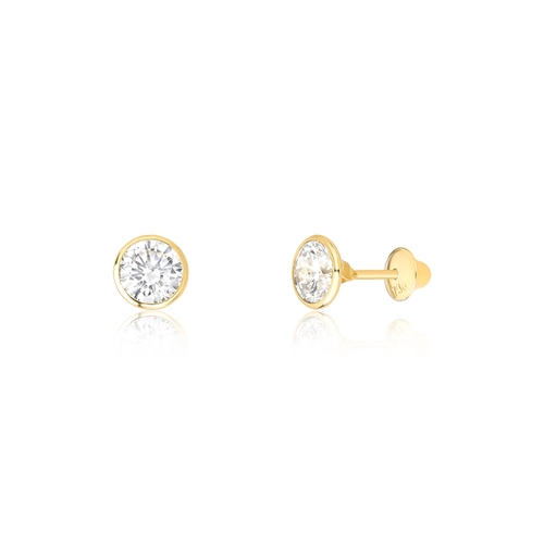 Brinco infantil em ouro 18k solitário de Zircônia branca facetada