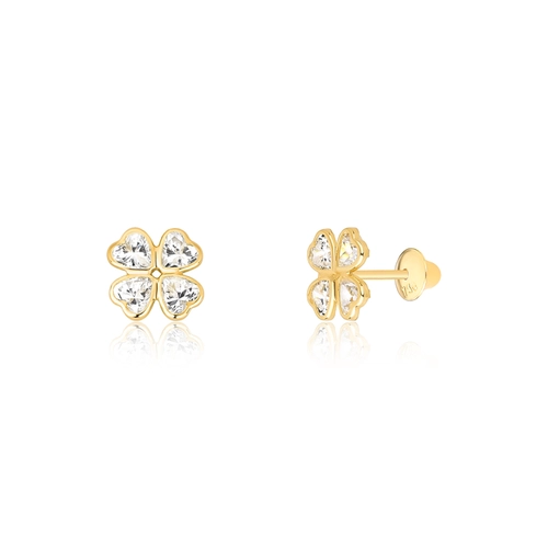 Brinco Infantil trevo em ouro 18k com Zircônias brancas