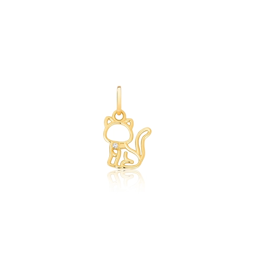 Pingente Pets gato vazado em ouro 18k com uma Zircônia branca