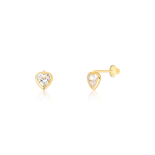 Brinco infantil coração em ouro 18k de Zircônia branca