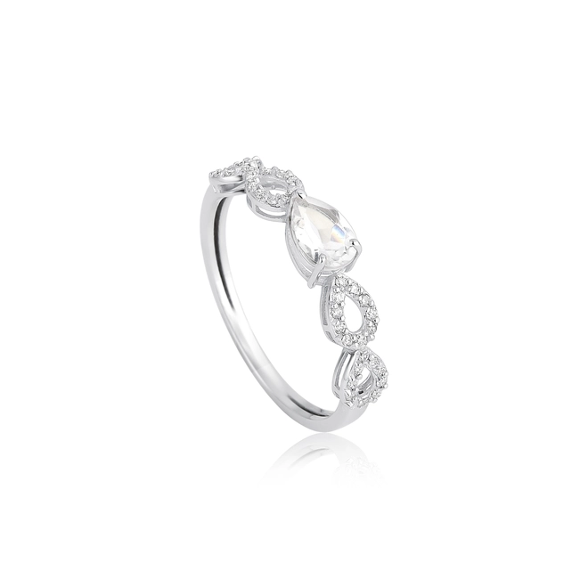 Anel Lacrima aparador em ouro branco 18k quatro lágrimas 12pts de Diamantes e gota de Topázio branco 1