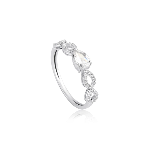 Anel Lacrima aparador em ouro branco 18k quatro lágrimas 12pts de Diamantes e gota de Topázio branco