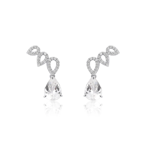 Brinco Lacrima Ear Cuff em ouro branco 18k lágrimas com 19pts Diamantes e gotas de Topázio branco
