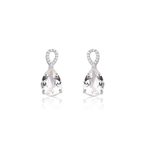 Brinco Lacrima pingente em ouro branco 18k lágrimas com 8pts de Diamantes e gotas de Topázio Branco
