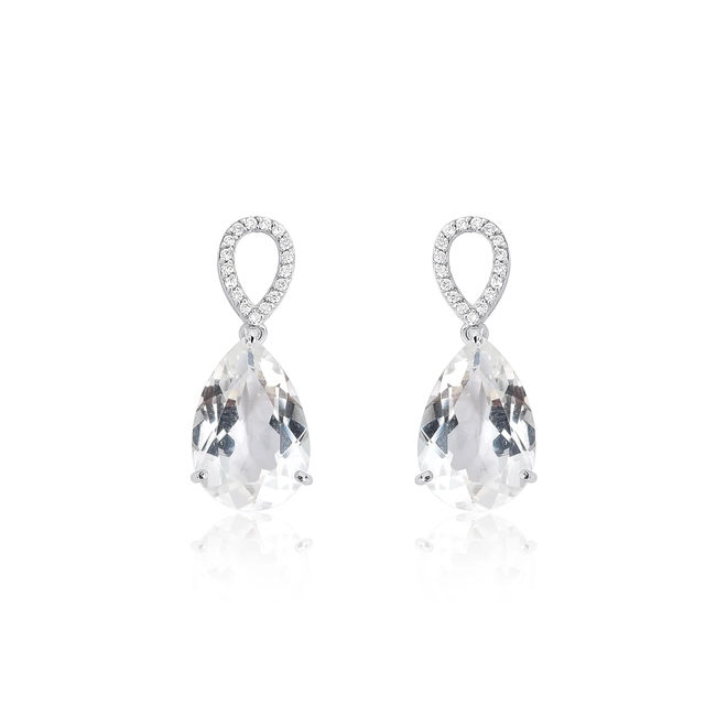 Brinco Lacrima pingente em ouro branco 18k lágrimas 10pts de Diamantes e gotas de Topázio branco 1